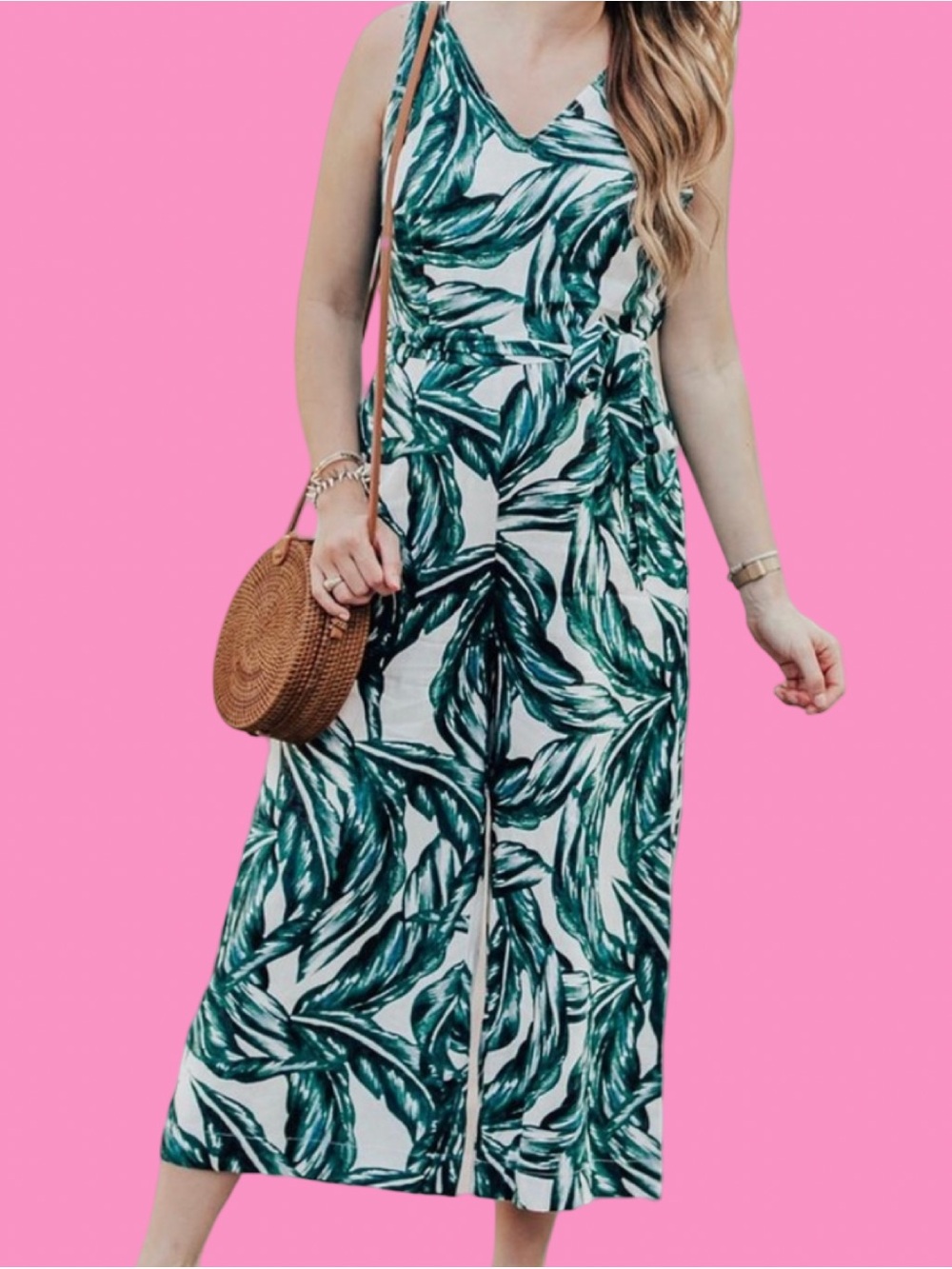 Who What Wear Green Leaf-Print Wide-Leg Jumpsuit